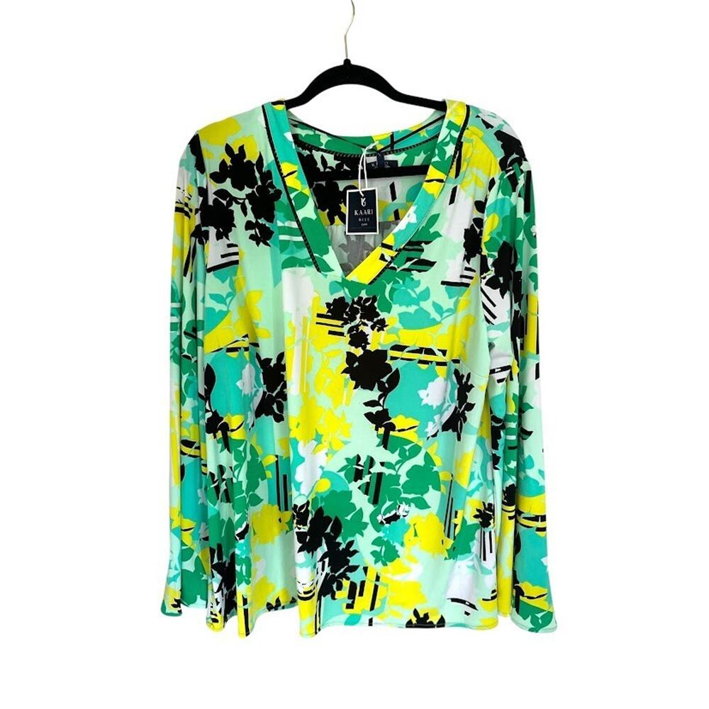 Kaari Blue Curvy Blouse Women’s 2X Long Sleeve Bell Sleeve Tunic Floral Beachy